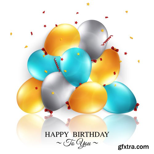 Stock: Vector birthday card with curling stream, confetti, balloons