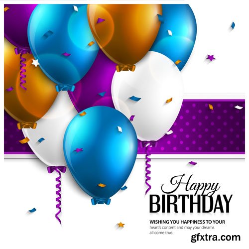 Stock: Vector birthday card with curling stream, confetti, balloons