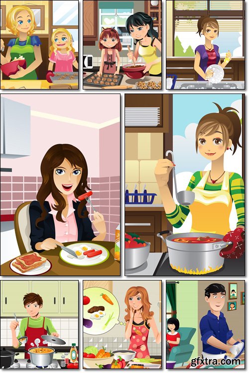 Young family in the household: preparing meals, washing dishes, taking food - Vector