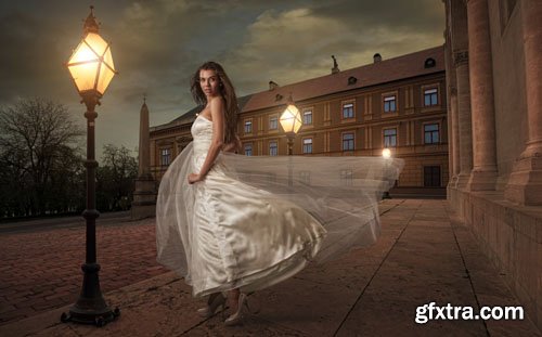 Stock Photo: Lace white wedding dress with long sleeves
