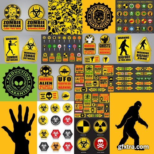 Zombie , Bigfoot & UFO Warning Signs - 25 Vector
