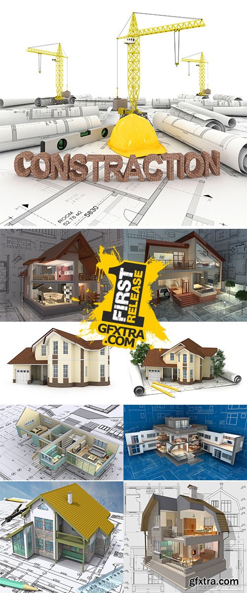 Stock Photo: Construction plan with house and wood 3d