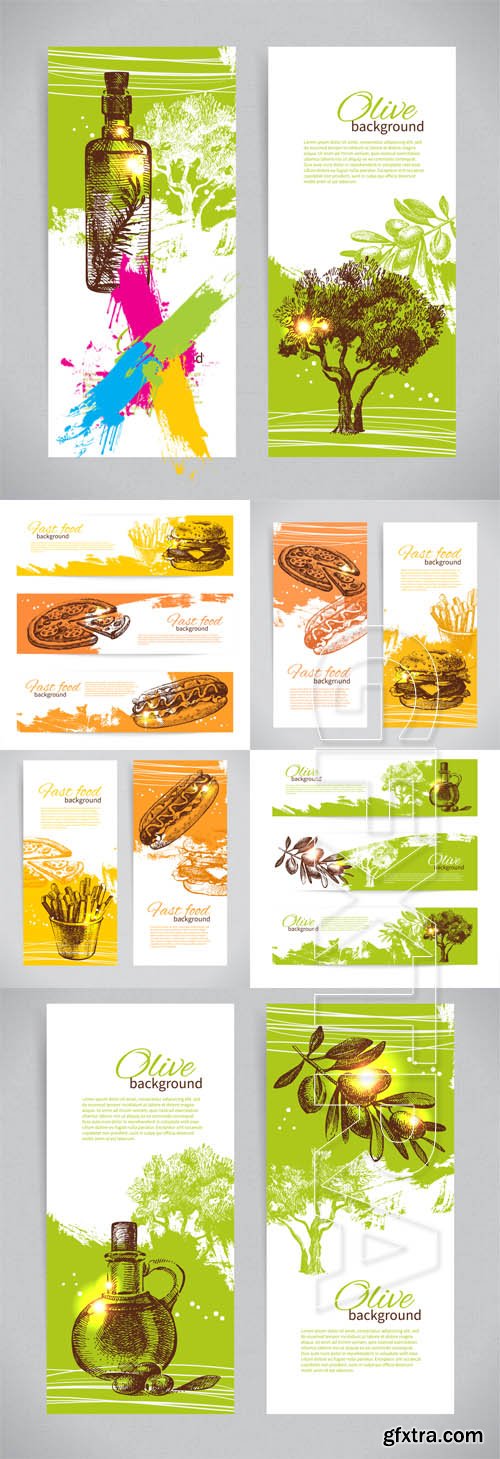 Hand drawn vintage banners of olive and fast food