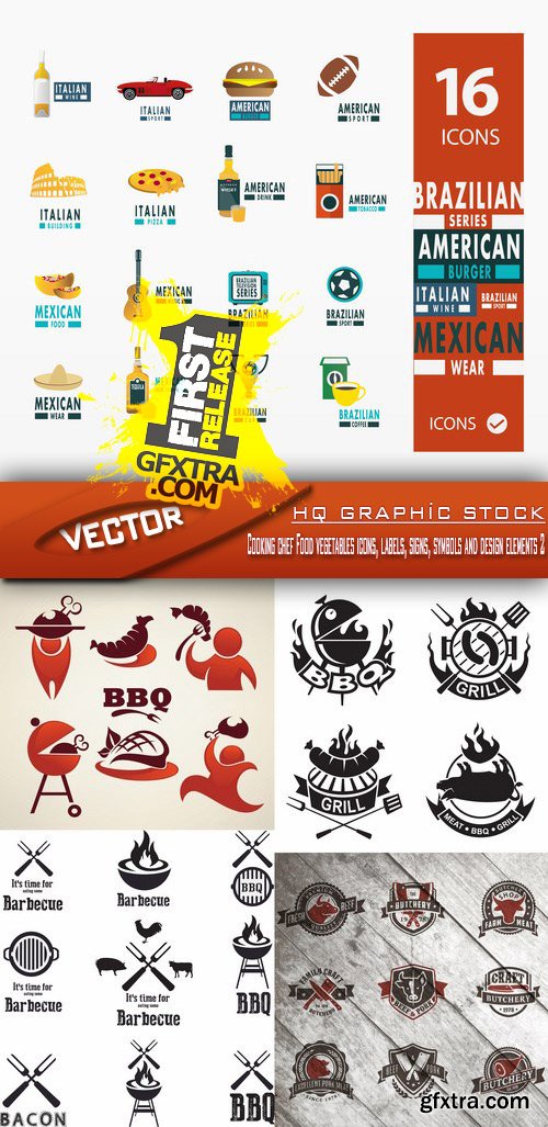 Stock Vector - Cooking chef Food vegetables icons, labels, signs, symbols and design elements 2