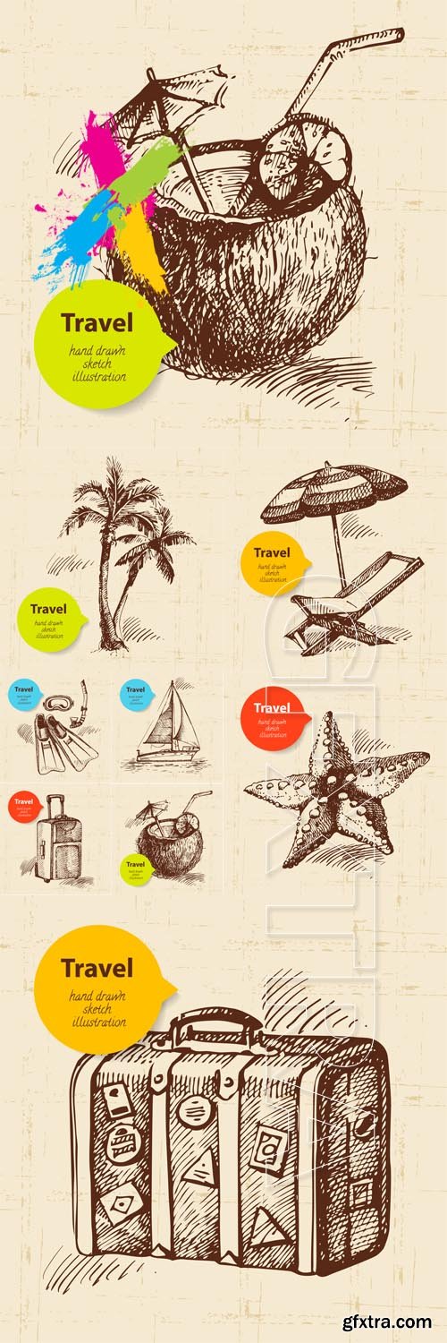 Vintage travel backgrounds suitcase, boat, diving mask, umbrella and palms