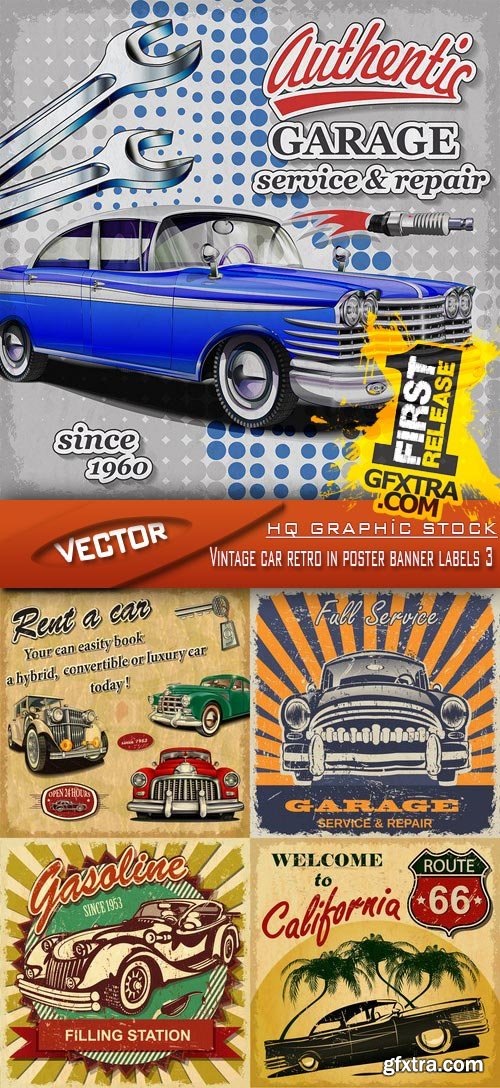 Stock Vector - Vintage car retro in poster banner labels 3