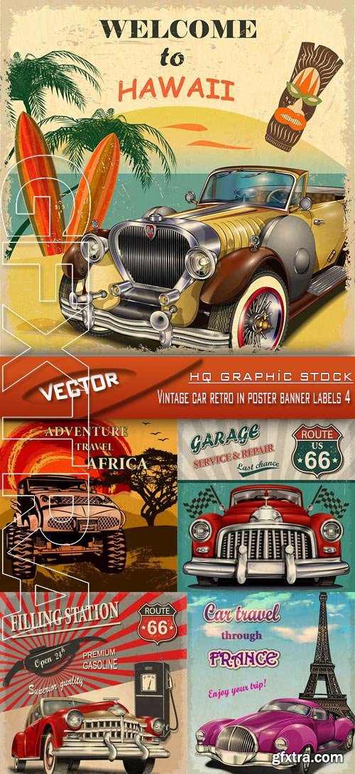 Stock Vector - Vintage car retro in poster banner labels 4