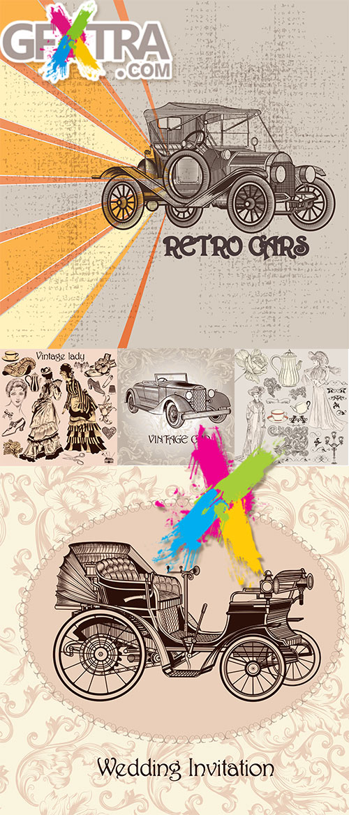 Set of vintage elements: cars and girls