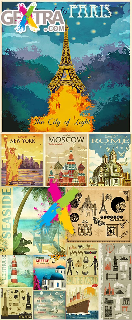 Vintage Posters,Symbols and Landmarks:New York,Egypt, Rome, Moscow