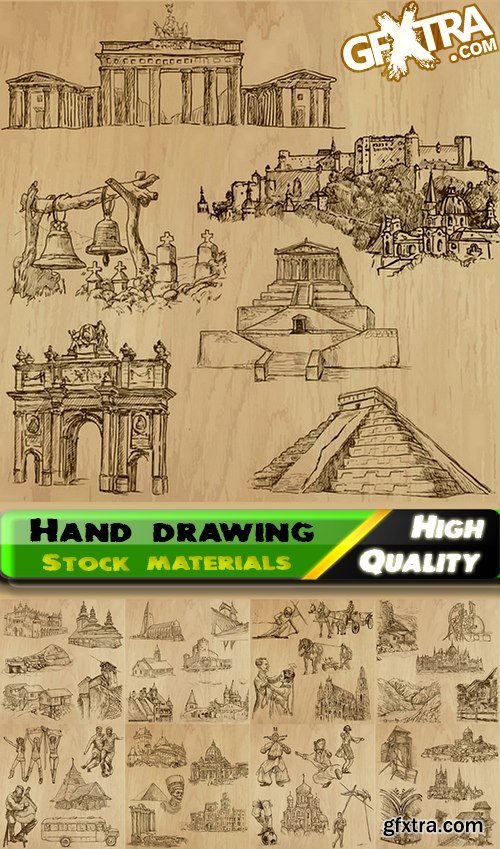 Illustration of streets and people and objects hand drawing - 25 Eps