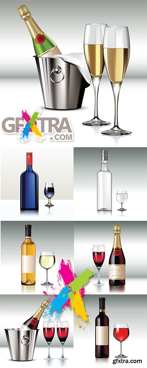 Vector bottles of champagne, vodka, wine