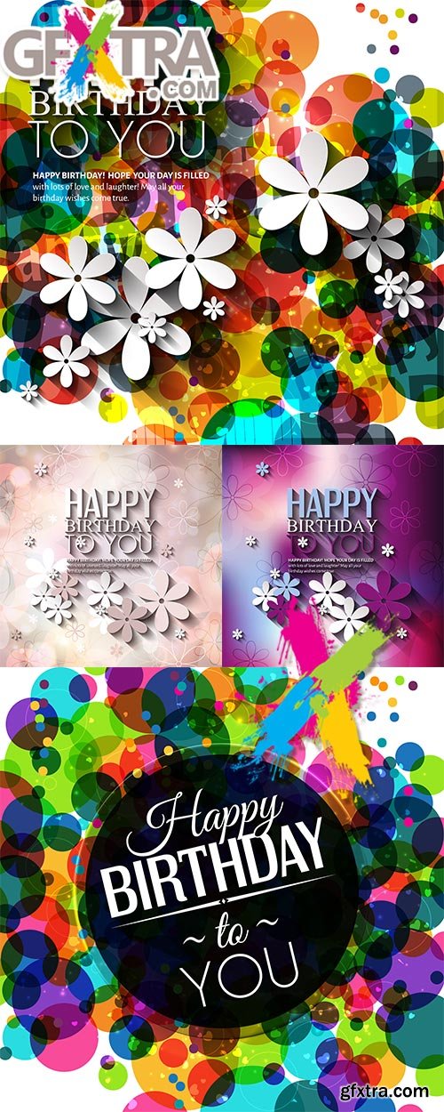 Vector birthday cards with flowers on colorful background