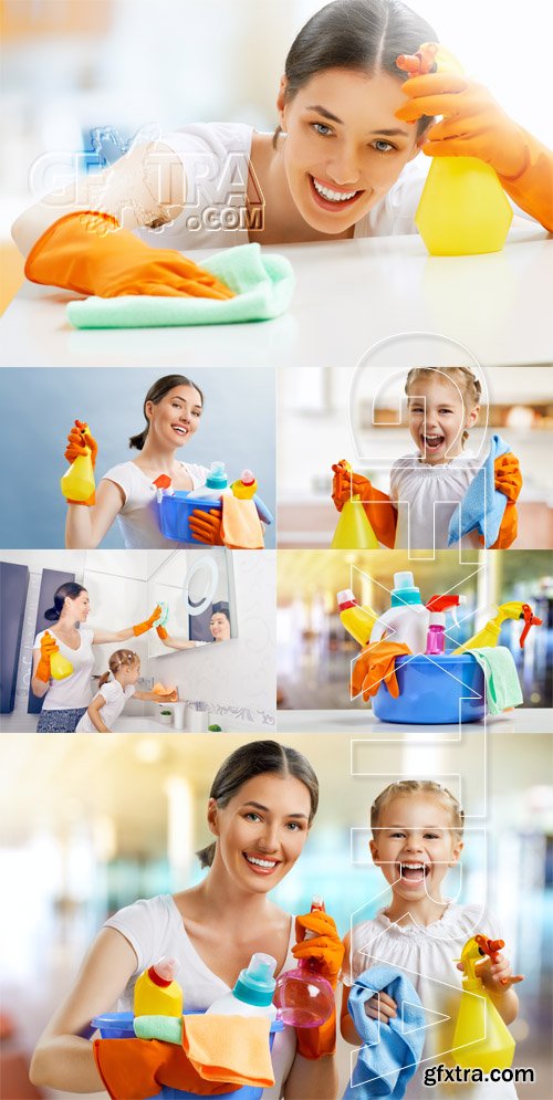 Happy mother and daughter housewives