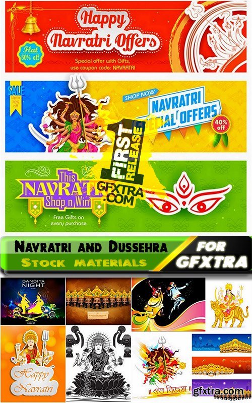 Lord Durga with Happy Navratri and illustration of Raavana for Happy Dussehra 25xEPS
