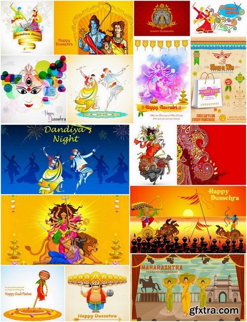 Lord Durga with Happy Navratri and illustration of Raavana for Happy Dussehra 25xEPS