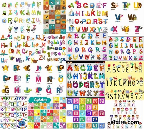 Alphabet for children and letters with different illustrations in vector from stock - 25 Eps
