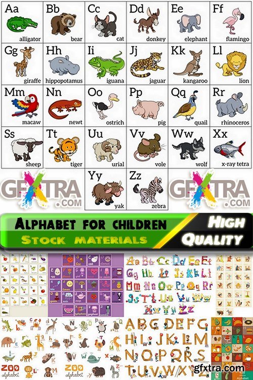 Alphabet for children and letters with different illustrations in vector from stock - 25 Eps