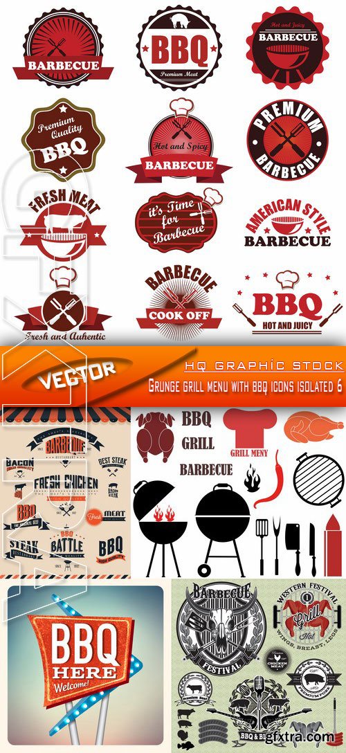 Stock Vector - Grunge grill menu with bbq icons isolated 6