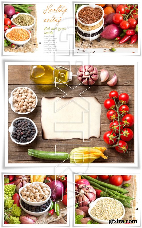 Vegetables and chickpea, red and green lentils on a wooden table - Stock photo