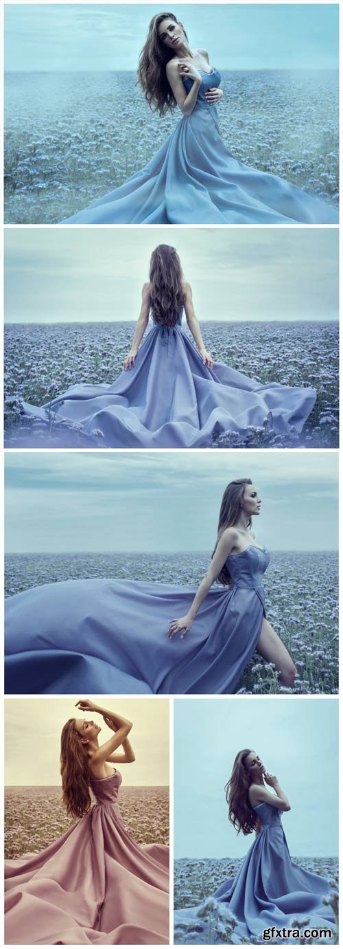 Girl in a beautiful dress, field with flowers - Stock Photo Girl in a beautiful dress, field with flowers - Stock Photo