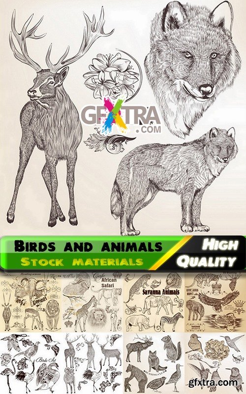 Hand drawing birds and animals in vector from stock - 25 Eps