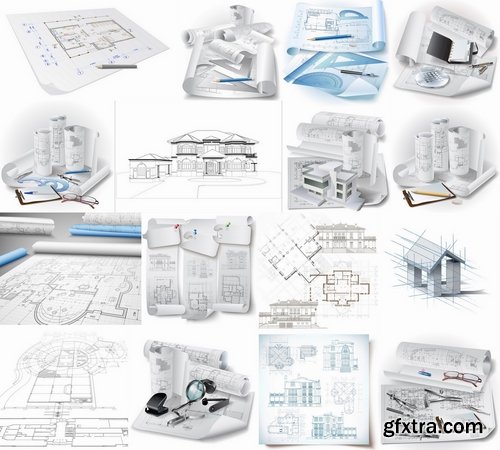 Construction drawings and blueprints of buildings - 25 Eps