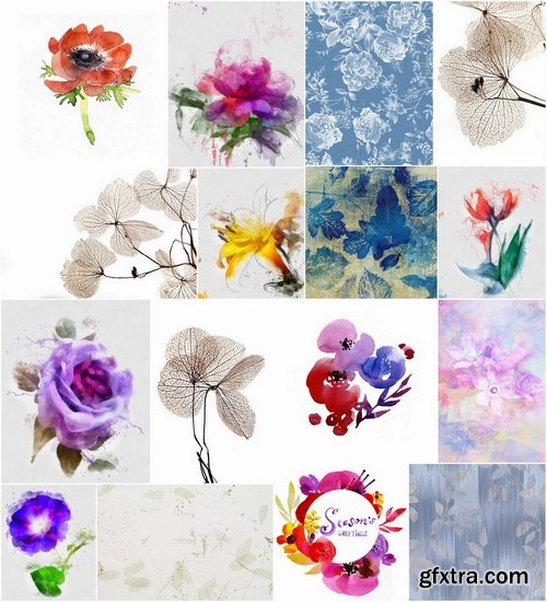Watercolor flowers and leaves for wallpaper design - 25 HQ Jpg