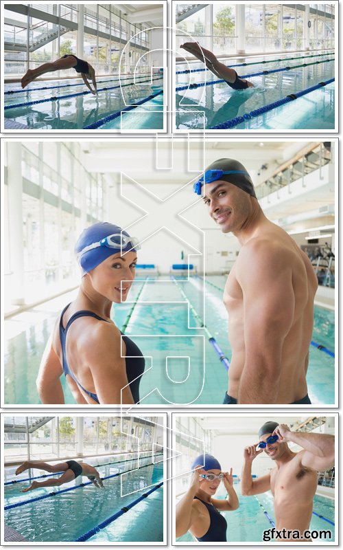 Fit couple swimmers by pool at leisure center - Stock photo