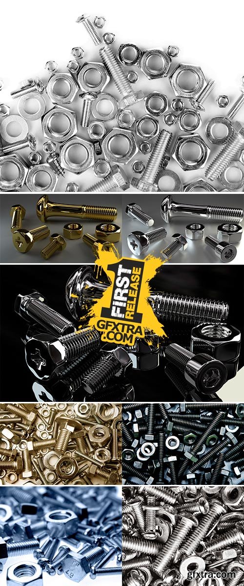 Stock Photo Shiny bolts and nuts still life