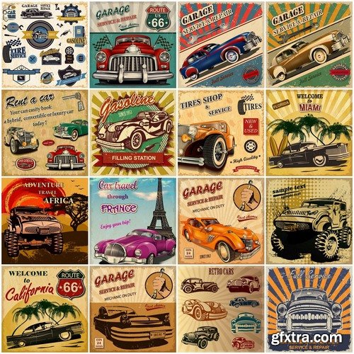 Retro garage design and vector cars from stock - 25 Eps