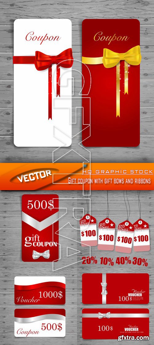 Stock Vector - Gift coupon with gift bows and ribbons