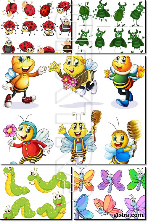 Fany insects caterpillars, bees, ladybugs, bugs, butterflies - Vector