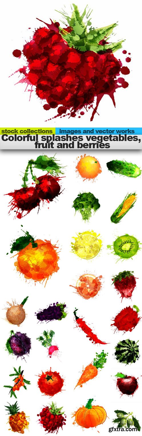Colorful splashes vegetables, fruit and berries, 25 x EPS