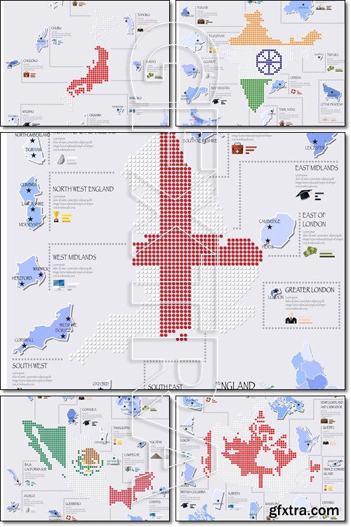 Flag Map Of Japan, Canada, India, Mexico, England Infographic Design - Vector