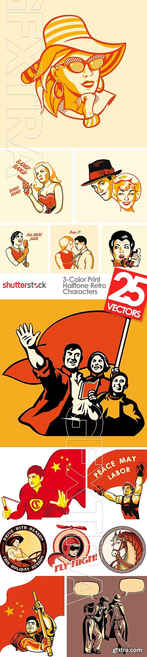 Retro Characters, 3-Color Print Halftone 25xEPS