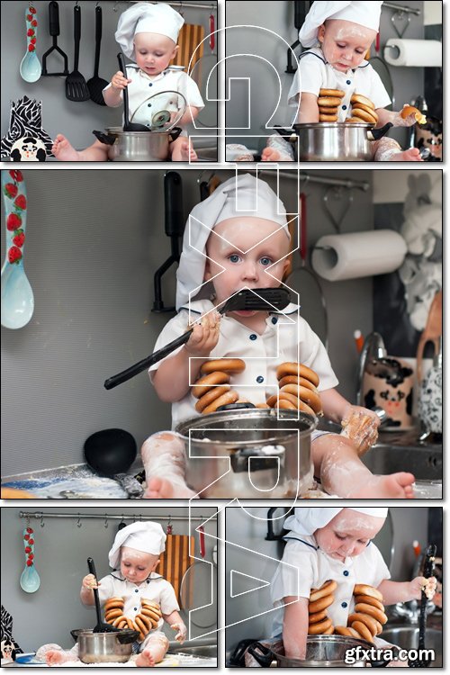 Happy cute little baby in a cook cap with a pan - Stock photo