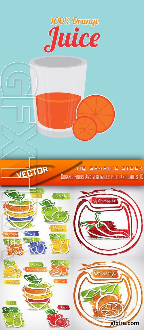 Stock Vector - Organic Fruits And Vegetables retro and labels 10