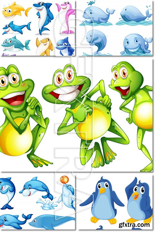 Aquatic animals: smiling frogs, blue whales & penguins, dolphins, sharks - Vector