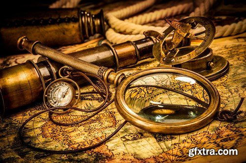 Old Navigation Objects, Maps, Compasses, Sextants, 25xUHQ JPEG
