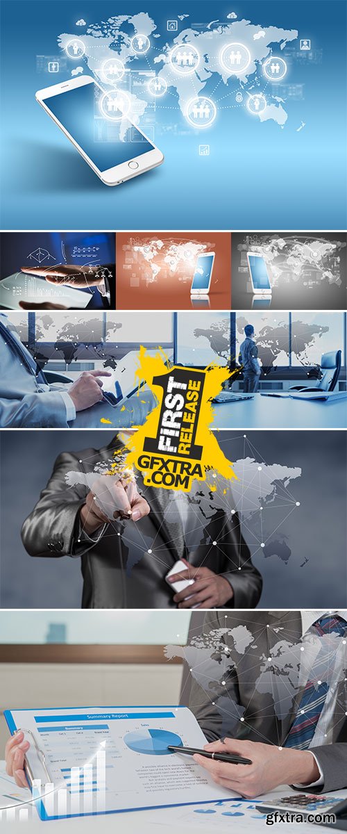 Stock Photo Work desk of businessman with laptop, globalization business concept