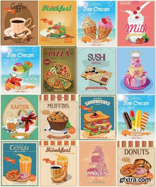 Retro posters with food and drink vector elements - 25 Eps