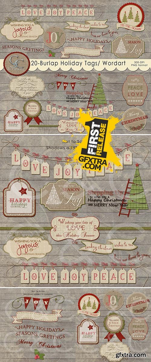 Burlap Holiday Tags - Word Art
