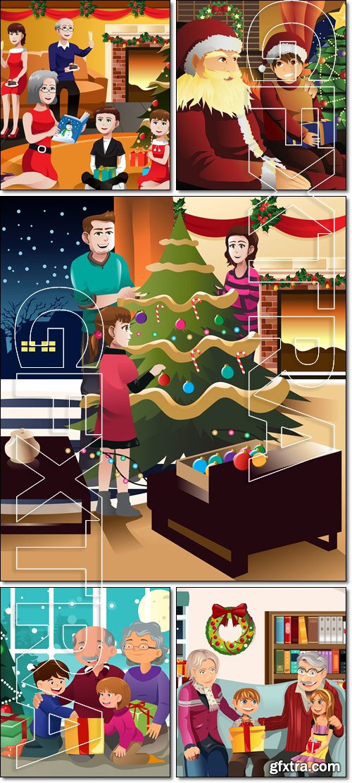 Family having a Christmas party. Santa Claus talking with a kid on his lap - Vector