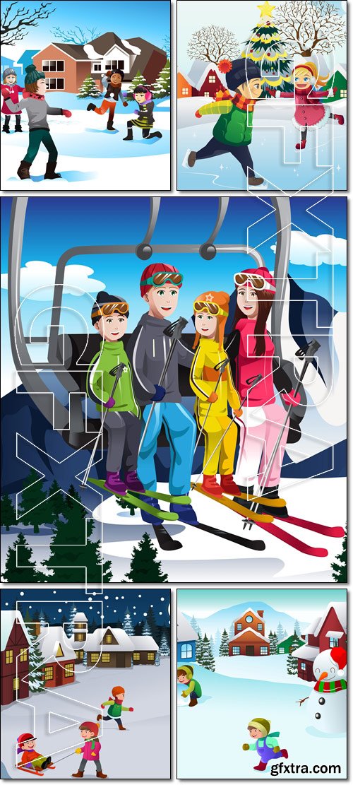 Kids playing in a winter wonderland - Vector