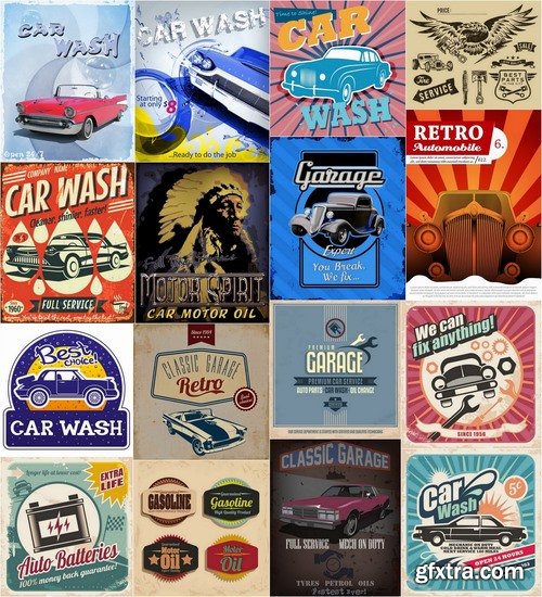 Retro garage and car wash in vector from stock - 25 Eps