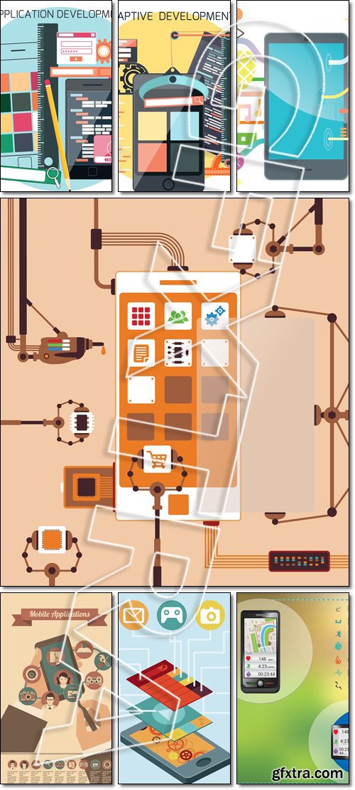 Mobile phone with interface screens, Icons for adaptive development - Vector