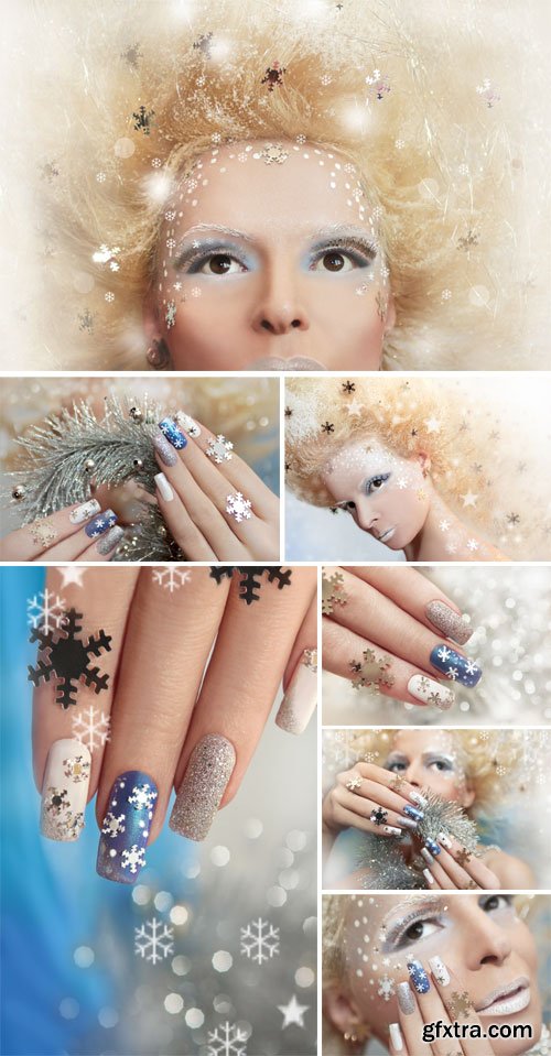Manicure winter theme, creative girl - stock photos Manicure winter theme, creative girl - stock photos