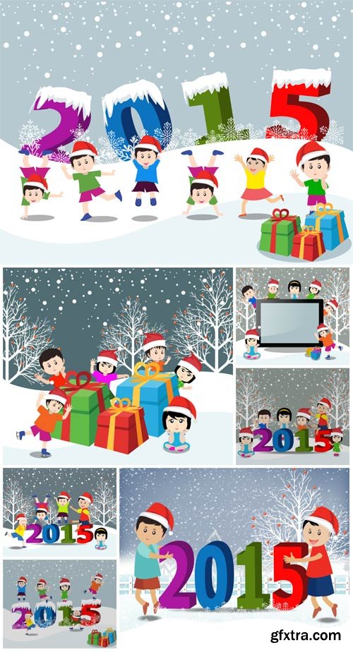 Children and new year 2015, winter vector background Children and new year 2015, winter vector background