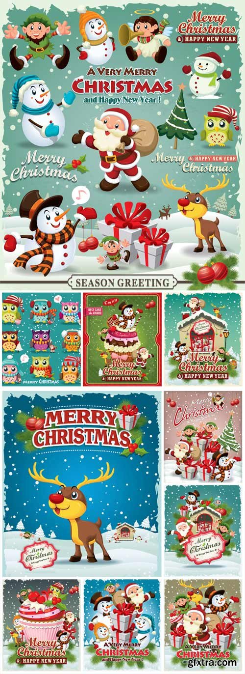 Christmas and New Year, vector background with Santa, snowman and animals Christmas and New Year, vector background with Santa, snowman and animals