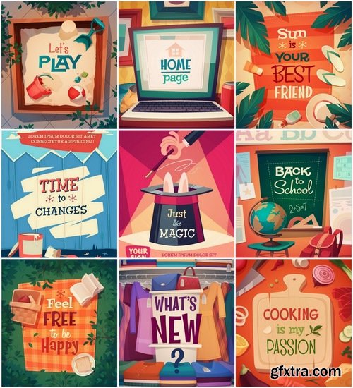 Retro illustrations and quotes for poster template 25xEPS